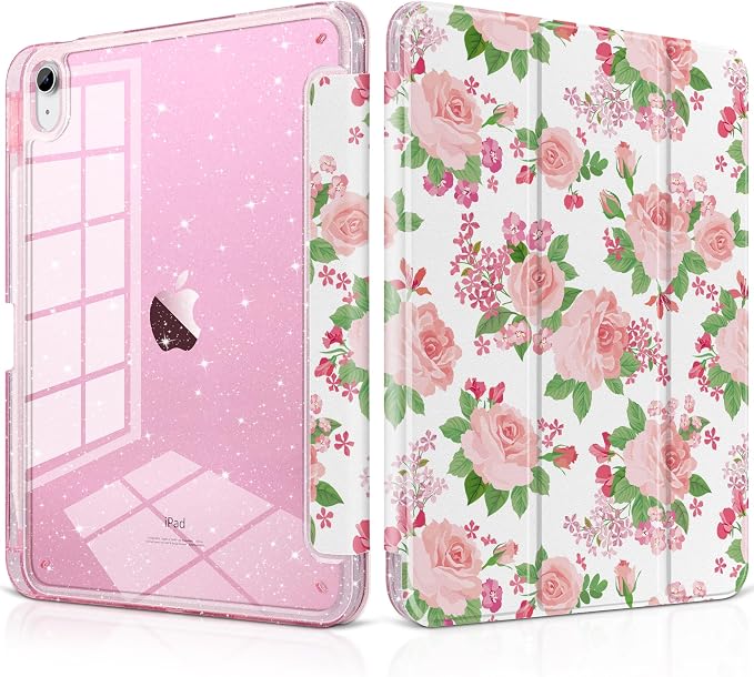 MEEgoodo Case for iPad A16 11th Generation 2025/10th Generation 2022 Glitter Tablet Cases with Transparent Acrylic Back+Trifold Stand +Pencil Holder+Auto Wake/SleepAbstract Sun &amp Palm Tree