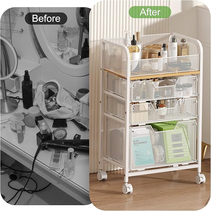 Rolling Makeup Cart Organizer with 3 Drawers, Floor Skincare Organizers with Wheels, Cosmetics Display Cases, Vanity Storage Organizer for Skin Care Perfume Nail Polish, White
