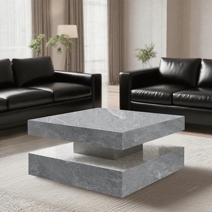 LED Coffee Table for Living Room, 2-Tier Modern Square Center Table with Music Sync Lights, High Gloss Surface, 30 3/4" x 30 3/4" (Grey)