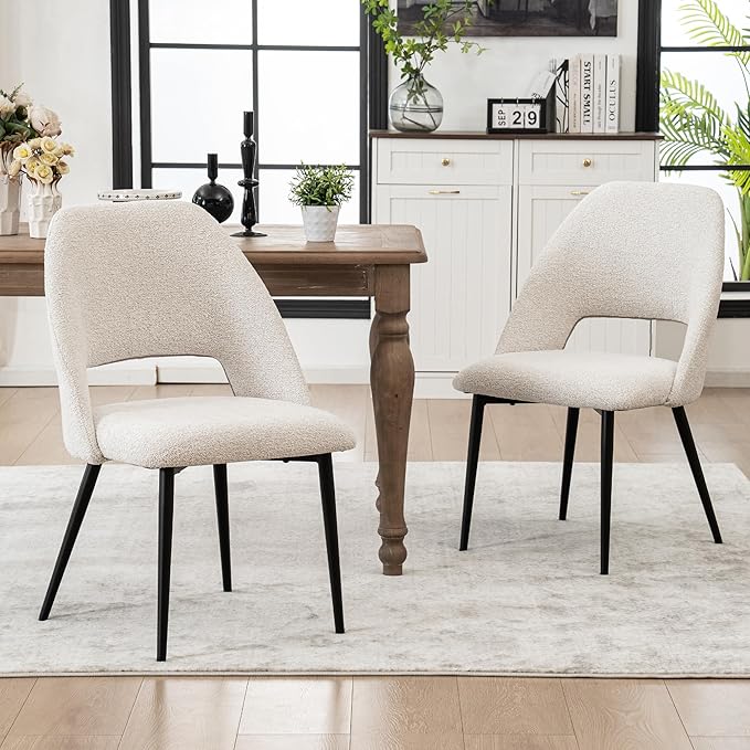 Rowill Boucle Dining Chairs Set of 6, Mordern Upholstered Fabric Dining Room Chairs, Kitchen Side Chairs with Metal Legs for Guest Reception Waiting Living Room, Beige