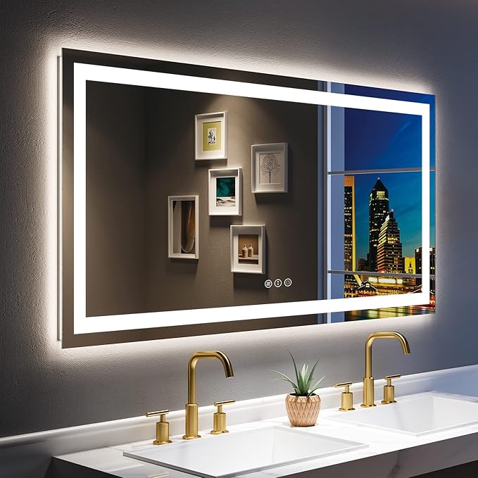 YEELAIT 55x30 Inch LED Bathroom Mirror with Lights Front and Backlit Lighted Vanity Mirror for Bathroom Wall with 3 Colors Dimmable Anti-Fog Memory Shatter-Proof IP54 Waterproof Horizontal/Vertical