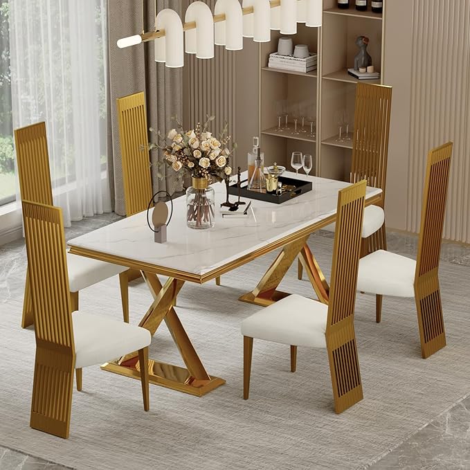 White and Gold Dining Chairs Set of 10, Upholstered Dining Room Chairs, Modern Luxury Chairs with High Back and Brushed Gold Metal Legs for Kitchen/Living Room/Restaurant