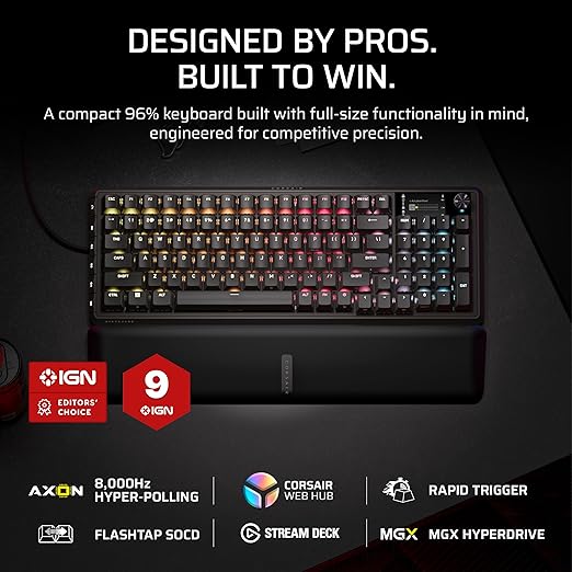Corsair Vanguard PRO 96 Wired Hall Effect Magnetic Mechanical Gaming Keyboard – 96% Layout, MGX Hyperdrive Switches, 8000Hz Polling, Rapid Trigger, Virtual Stream Deck, SOCD Flashtap, QWERTY US