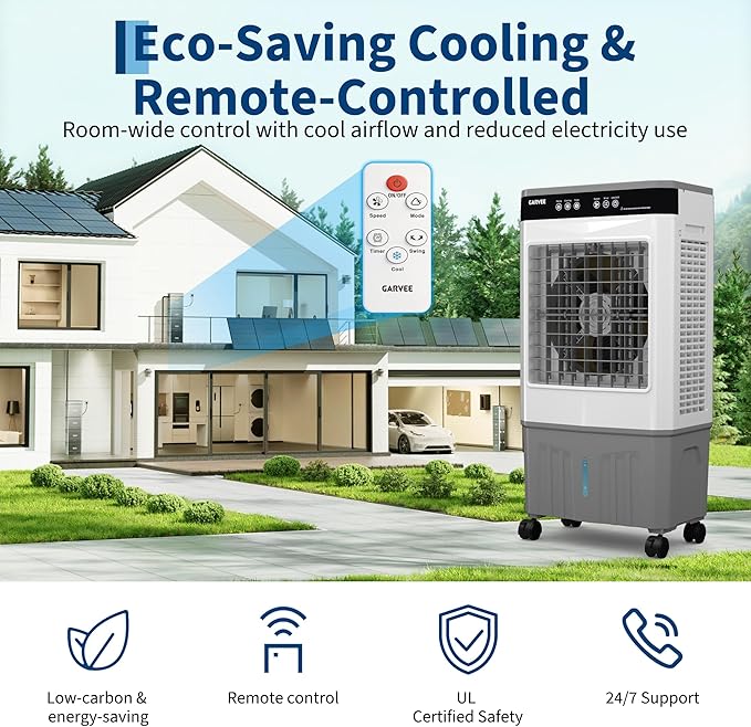 3000 CFM Portable Cooler Fan with Remote & Timer, 5.3 Gal Water Tank, 3 Speeds, 120° Oscillation, Auto-Swing Louvers & 3-Side Cooling Pads, Blows Cold Air for Home Office Workshop Garage
