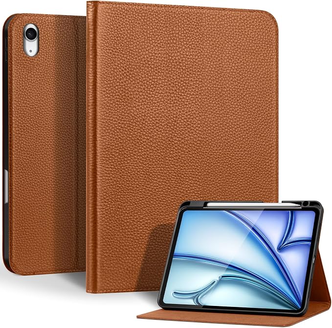 Genuine Leather Case for iPad 11th Gen 11/10th Gen 10.9 Black | Pencil Holder Adjustable Stand Auto Wake/Sleep Shockproof