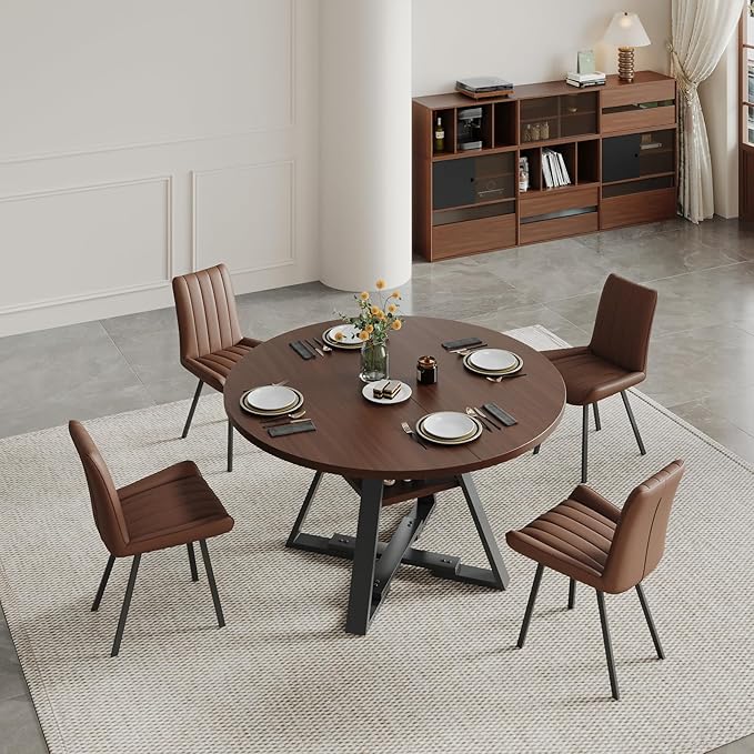 45.3" Walnut Round Dining Table Set with 4 Chairs – Mid-Century Modern Small-Space Kitchen & Dining Room Furniture for Apartment or Breakfast Nook