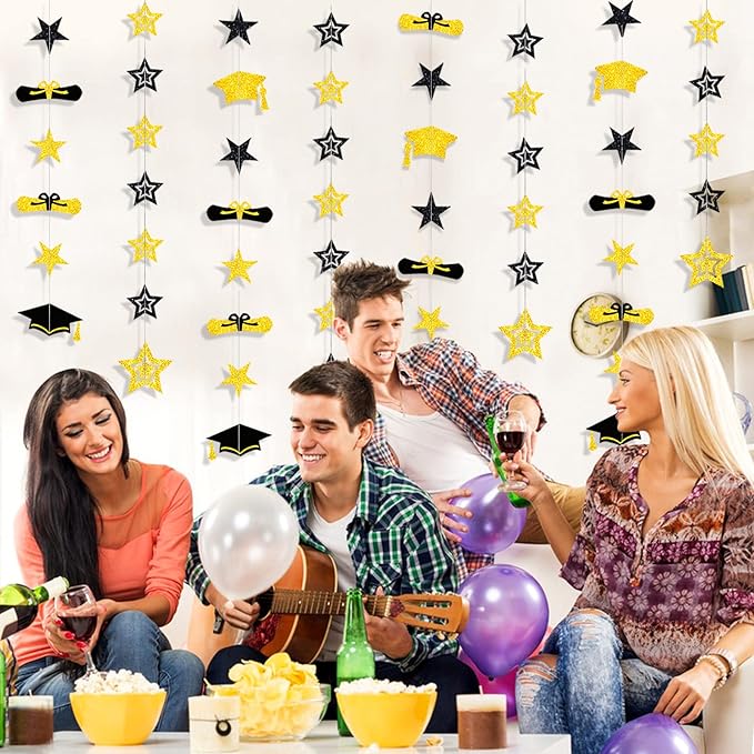 8 Pack 2026 Graduation Party Decorations - Black Gold Glitter Backdrop with Cap, Diploma & Star Garland Banner Hanging Decor - Perfect for High School, College, and Middle School Graduation Parties