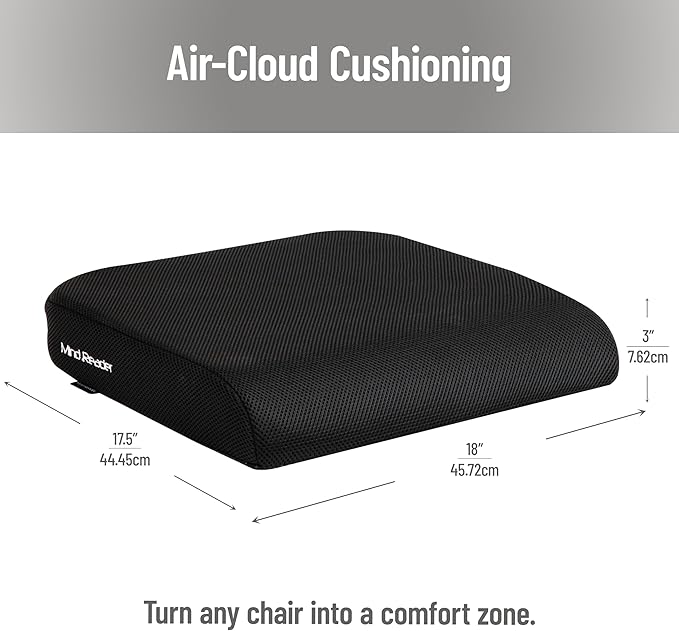 Mind Reader Air-Cloud Seat Cushion, Ergonomic Support for Posture, Pressure Relief, and Pain Reduction, Portable with Washable Cover, Memory Foam, Black