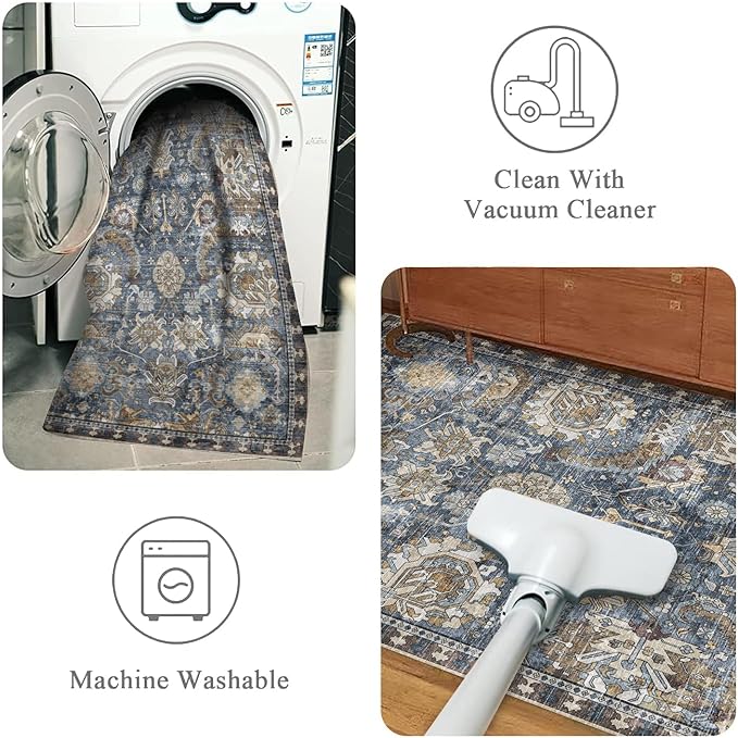 RUGSURE Washable Area Rugs - Perfect for Living Room, Bedroom, Kids Room, Nursery - Stain & Water Resistant Non-Slip, Pet & Child Friendly, Vintage Tribal Area Rugs (Navy, 9' x 12')