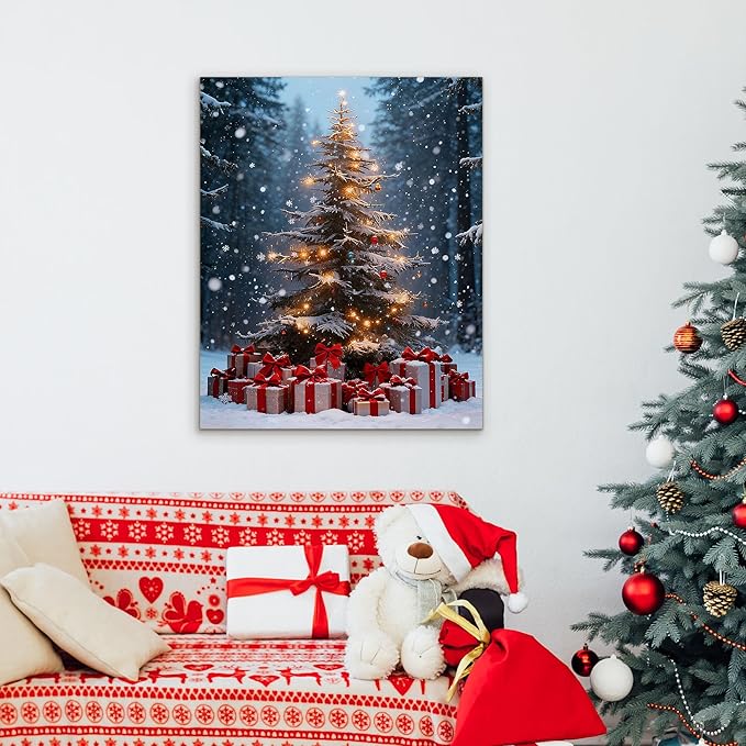 Framed Christmas Pictures Wall Decor,Vintage Pine Tree Prints,Winter Christmas Canvas Wall Art Decoration for Bedroom Bathroom Living Room Rustic Xmas Holiday Gifts (Christmas Tree 14, 11'' X 14'')