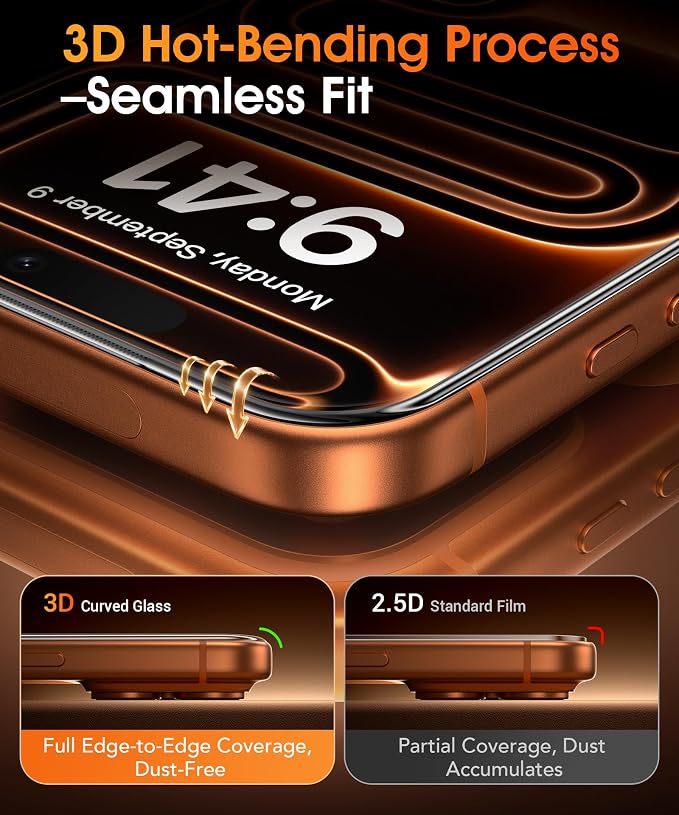 GolbinBox for iPhone 17 Pro Screen Protector 3D Full Coverage 2 Pack | tempered glass with 9H+ hardness anti-fingerprint coating responsive touch and roller tray installation