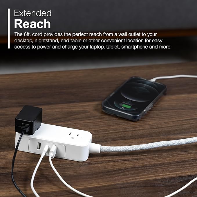 GE Flat Plug Power Strip Extension Cord with USB Ports, Travel Power Strip with 2 Outlets 3 USB Ports, Cruise Ship Essentials, 6 Ft Braided Small Extension Cord Flat Wall Plug, ETL Listed White, 81597
