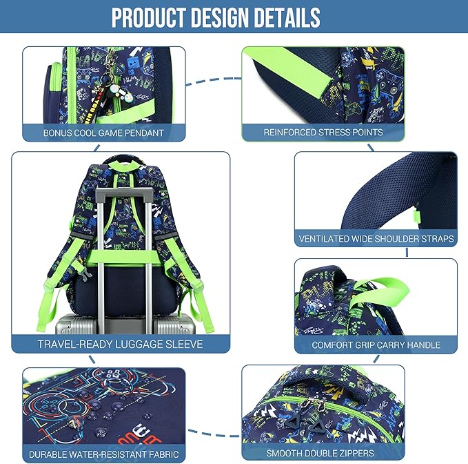 Makukke Kids Backpack for School Boys, 15.6" Gamer Backpack with Lunch Box & Pencil Case, Bookbag For Elementary, Middle School
