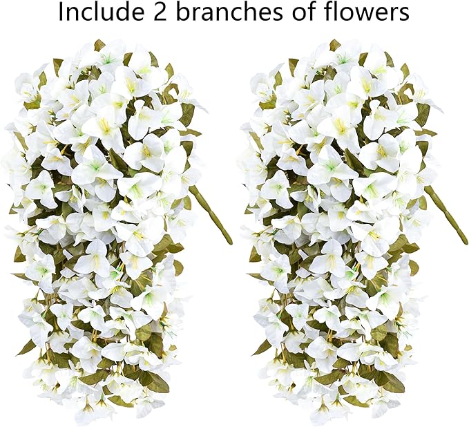 Bougainvillea Artificial Flowers Fake Plants for Outdoors Winter Decoration, 2 pcs Faux Long Trailing Vines UV Resistant Look Real White Silk Flowers for Outside Planter Front Door Porch Urn Yard Home