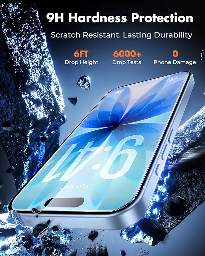 UNBREAKcable 4-Pack iPhone 15 Screen Protector 9H Hardness | 9H tempered glass | 99.99% HD clarity | Double Shatterproof|alignment frame easy install | case-friendly