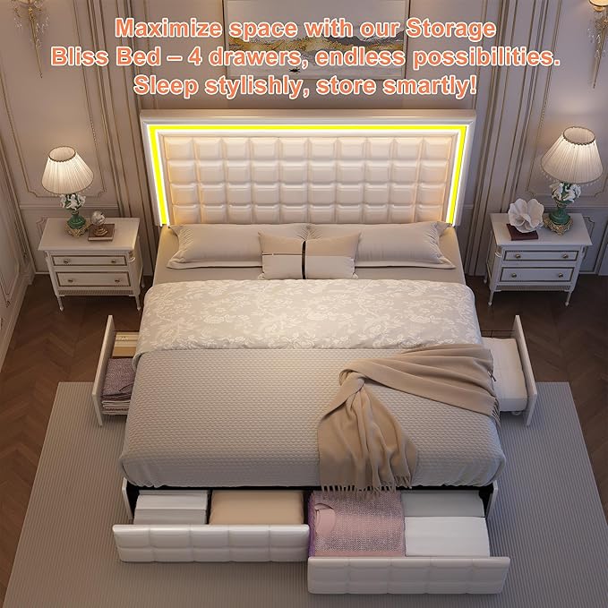 Queen Bed Frame with LED Lights & Storage Drawers, No Box Spring Needed, Heavy Duty 900lbs Weight Capacity, Easy Assembly, Modern Upholstered Platform Bed, PU White
