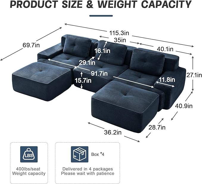 115" Modern Compressed Boneless Couch with Ottoman, 3 Seater Large U Shaped Sectional Couches for Living Room, Blue Corduroy Cloud Modular Sectional Sofa, Memory Foam, Extra Deep, No Assembly