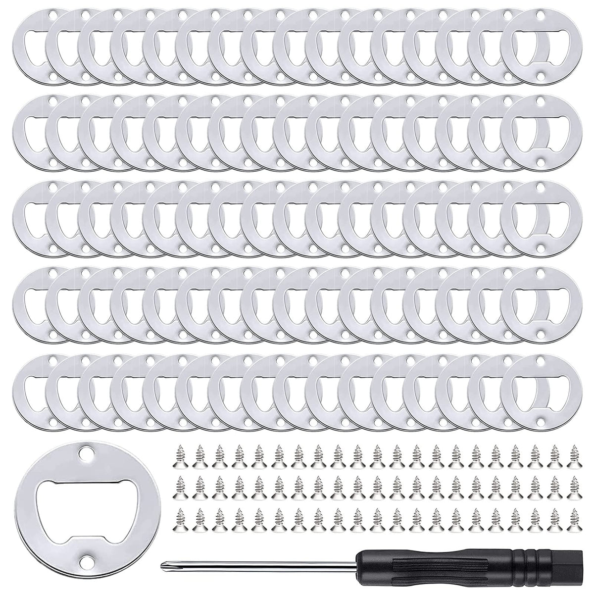 moonoom 80Set DIY Bottle Opener Insert Kits, 80 Rustproof Metal Bottle Opener Inserts + 160 Screws + Screwdriver, Silver 80
