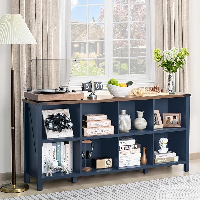 8 Cube Book Shelf, Farmhouse Wood Long Storage Organizer Bookcase, 62" Horizontal Navy Blue Console Closet Bookshelf, Hallway TV Stand for Entryway, Display Cabinet Book Case for Living Room