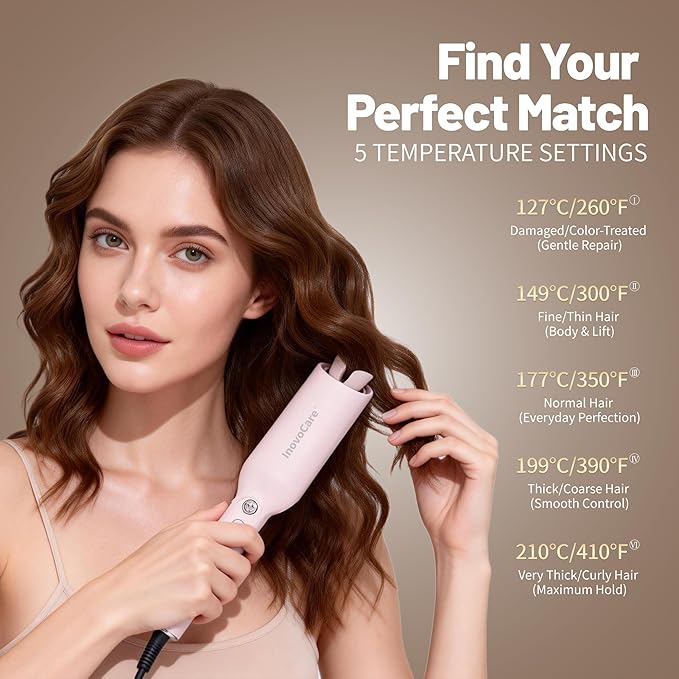 Inovocare Upgraded Automatic Rotating Curling Iron - CurlPro Plus Long Barrel Curling Wand for Long Hair, Ceramic Hair Curler for Women, Anti-Scald, Tangle-Free, 600M Ionic, Dual Voltage (Misty Rose)