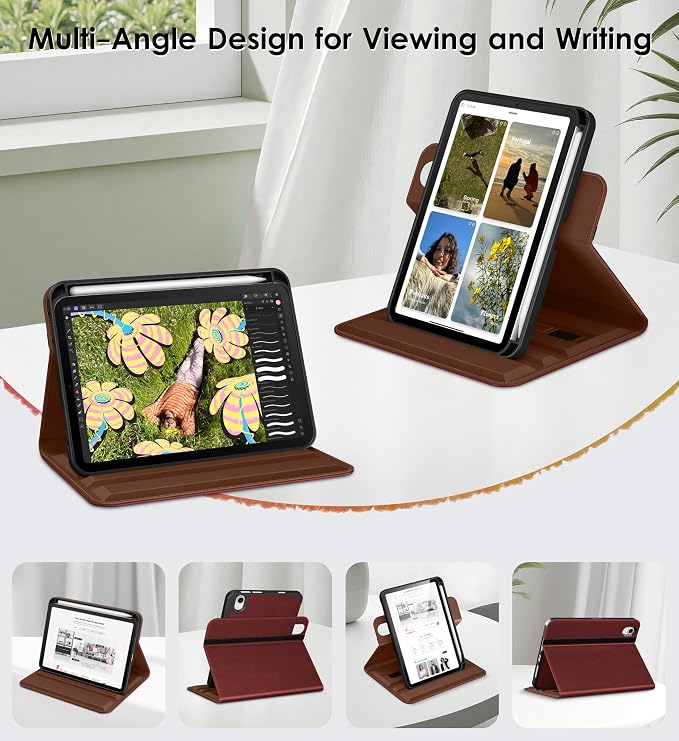 DTTO for iPad mini 7 A17 Pro 2024 aslo fit iPad mini 6 2021 Brown | 360 Degree Rotating Premium Faux Leather Folio Stand Cover with Pencil Holder Auto Sleep/Wake Multiple Angles Hand Strap