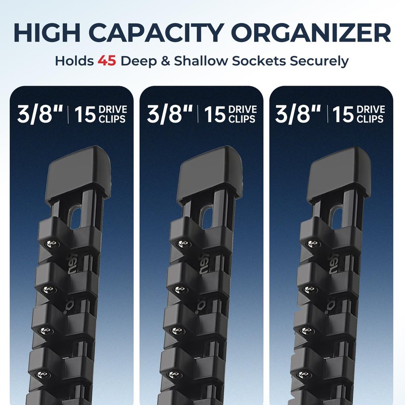 Reniteco 3-Piece Socket Organizer - 3/8-Inch Drive x 45 Clips, Heavy Duty ABS Socket Holder with Removable End Caps, Premium Socket Rail for Tool Box Drawer