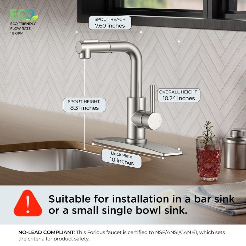 FORIOUS Modern Bar Sink Faucet Brushed Nickel, Stainless Steel Single Handle Small Kitchen Sink Faucet with Pull Out Sprayer, 360° Swivel Spout L-Shaped Design Suitable for Camper Outdoor Bathroom RV