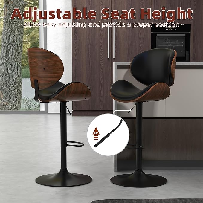 civama Bar Stools Set of 3 for Kitchen Counter, Adjustable Bar Height Chairs, Modern Swivel Barstools with Bentwood Seat and Back with Footrest, for Kitchen Island, Dining Room, Black PU Leather