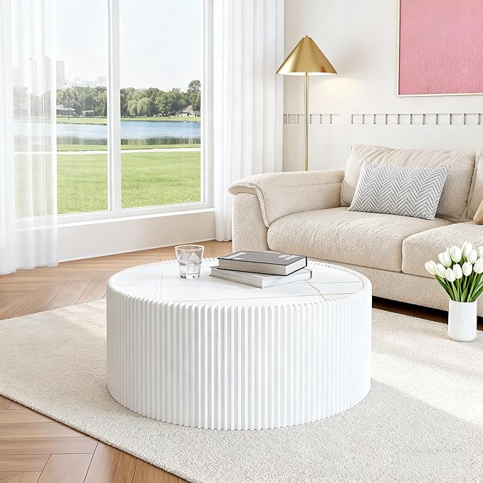 Round Coffee Table Set with Sintered Stone Tabletop, 29.52" White Drum Center Table and 17.71" Grey Coffee Table Set, 2 Pieces Living Room Table Set with Fluted PU Leather Cover& Stable Base