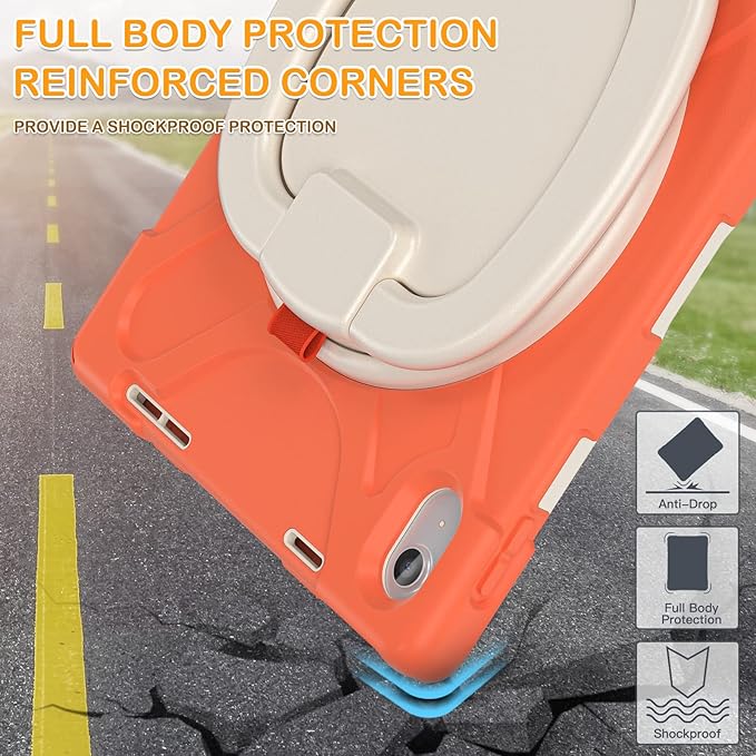 BRAECN Kids Case for iPad (A16) 11th/10th Generation 11”/10.9'' 2025/2022, Rugged Silicone Cover with Screen Protector/Swivel Ring Stand/Kickstand/Handle Grip/Carrying Shoulder Strap, Coral Orange