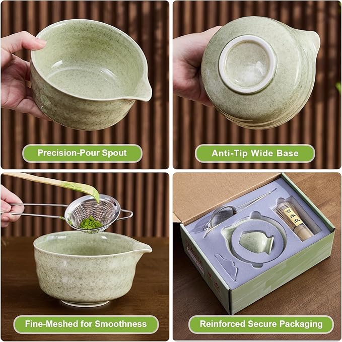 Nigwet 5Pcs Matcha Whisk Set - Matcha Bowl with Spout, 100% Bamboo Whisk (Chasen), Holder, Stainless Sifter, Tea Scoop. Japanese Ceremony Matcha Kit for Beginners, Ideal Gift for Tea Lovers (Green)