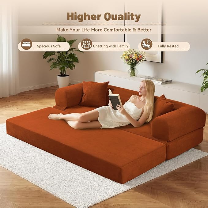 Convertible Futon Sofa Bed,80" Folding Pull Out Couch Bed with Pillows & Storage Pocket, Oversized Queen Sleeper Sofa in a Box,Corduroy Boneless Couch for Living Room,Orange