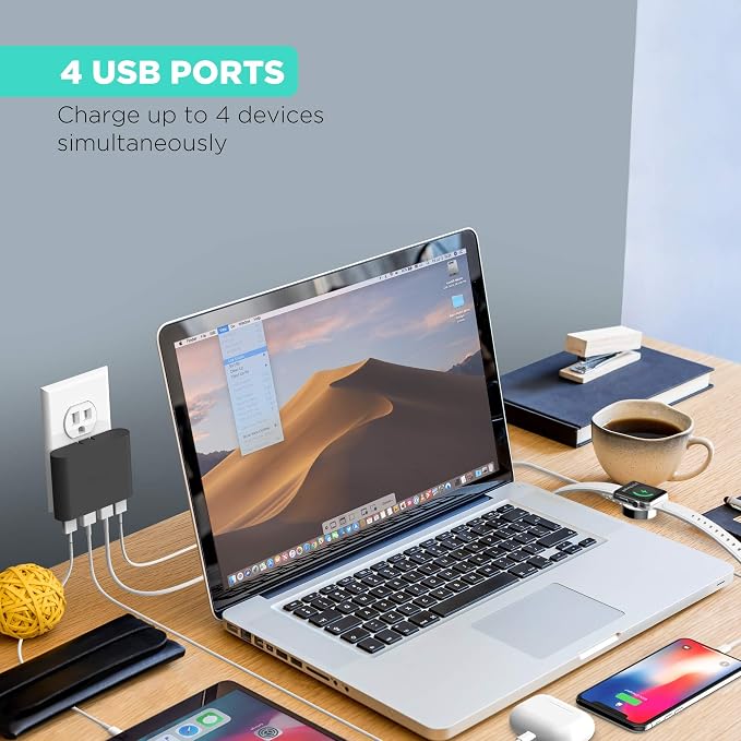 iHome 4-Port USB Wall Charger (2-Pack) 5.4A Flat Foldable Plug Slim Travel Charger (Black &amp Pastel Pink)
