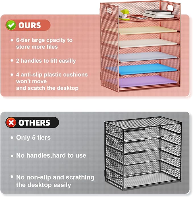 Marbrasse 6 Tier Paper Organizer Letter Tray - Mesh Desk File Organizer with Handle, Paper Sorter Organizer for Letter/A4 Office File Folder Holder - Rose Gold