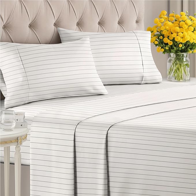 Striped Sheets - Beige & White Striped Sheets - 1 Flat & 1 Fitted & 2 Pillowcases w/ Deep Pockets – Wrinkle & Fade Free - Soft, Breathable and Cooling – Luxury Pinstripe Bedding - King Size Bed Set