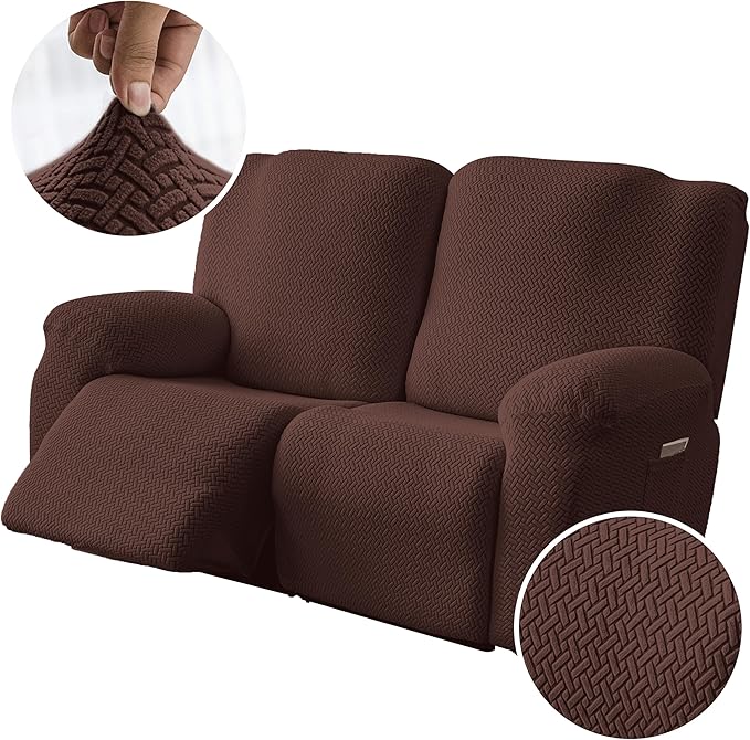 Genina Recliner Loveseat Covers, Stretch Reclining Sofa Covers, 2 Seater Couch Cushion Stripe Jacquard Recliner Slipcovers - Furniture Protector Covers for Pet Kid (Chocolate)