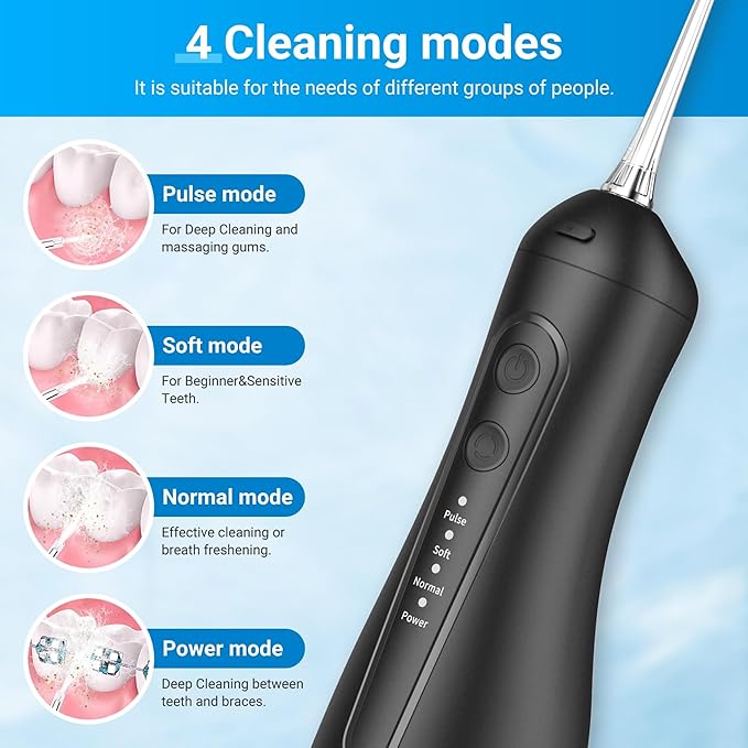 R REVA Portable Water Flosser for Teeth - 4 Modes Cordless Oral Irrigator with 300ML Tank, 360° Rotating Nozzle, 4 Jet Tips, Rechargeable, IPX7 Waterproof, Low Noise Gravity Ball Design (M159 - Black)