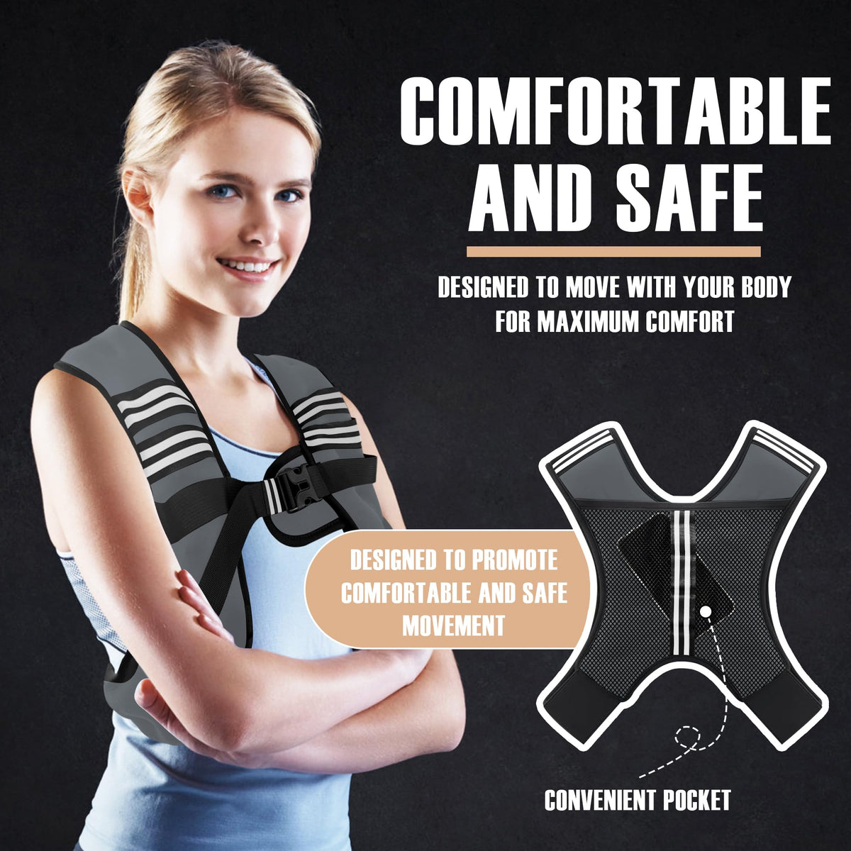 NATURELUX Weighted Vest with Reflective Stripe and Adjustable Buckle Straps, Dark Grey, 10 lbs