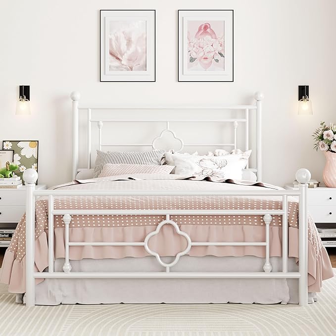 SHA CERLIN 14 Inches Queen Size Metal Platform Bed Frame/Vintage Iron-Art Headboard and Footboard/Mattress Foundation for Storage/No Box Spring Needed/Noise-Free/Easy Assembly/White