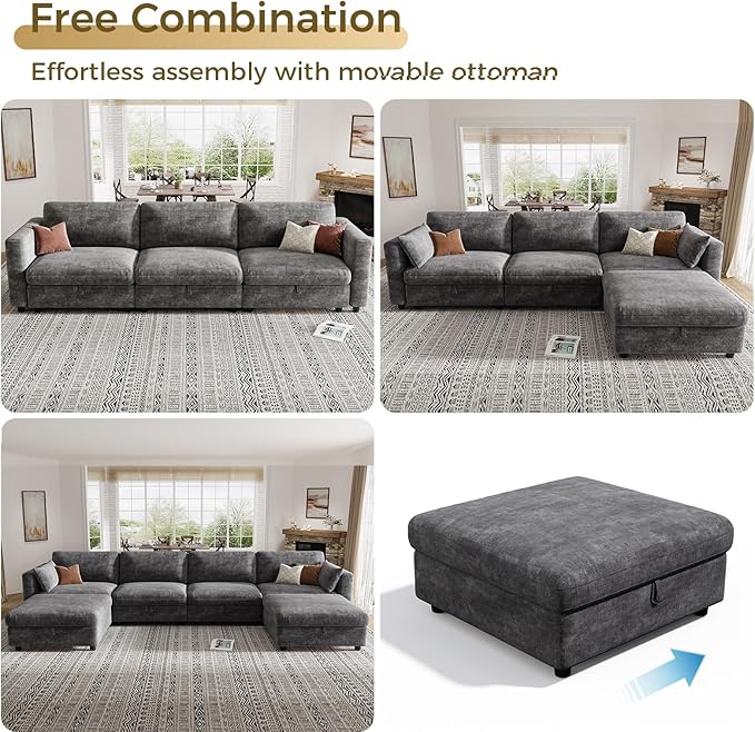 KKL Modular Sectional Sofa Couches for Living Room, 113" Sofa Couch with Adjustable Backrest, Chenille 3 Seater Sofa Couch with Comfy Cushion, Chenille, Grey