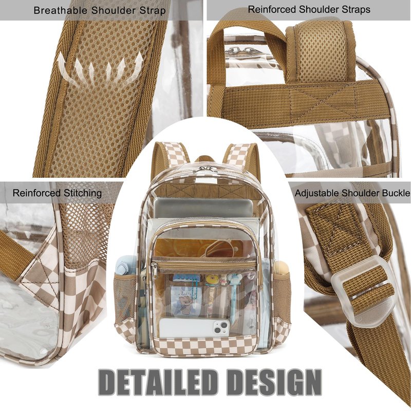 Dezcrab Clear Backpack for School Girls Boys, Heavy Duty Transparent Backpack Kids See-Through Clear Bookbag (Checkered Khaki)