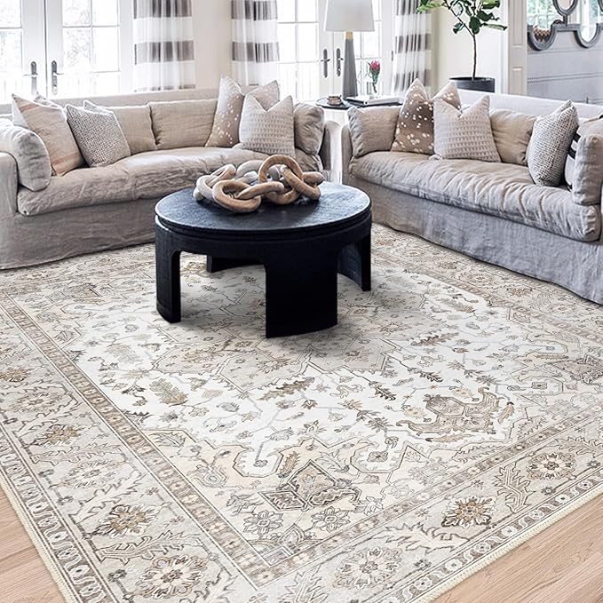 8x10 Area Rug, Vintage Washable Area Rugs, Non-Slip Rug for Bedroom, Distressed Soft Modern Low-Pile Carpet Stain Resistant, Dining Home Decor Office Boho Rug Brown…