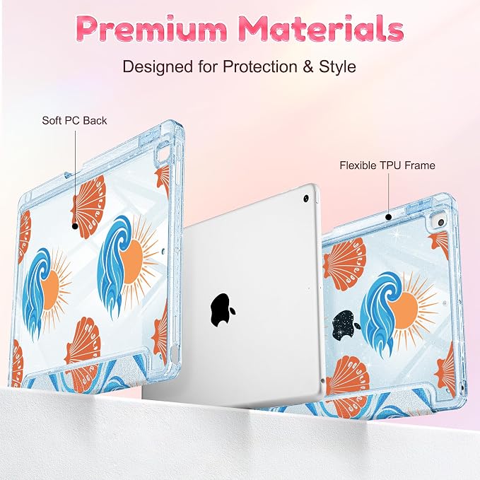 Mektron Sparkly Case for iPad 10.2 inch Glitter Tablet Cases for iPad 9th Gen 2021/8th Gen 2020/7th Gen 2019 Cover with Shiny Clear Back Shell Foldable Bling Smart Cover Blue Floral