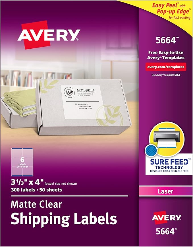 Avery Printable Shipping Labels with Sure Feed, 3-1/3" x 4", Matte Clear, 300 Blank Mailing Labels (5664)