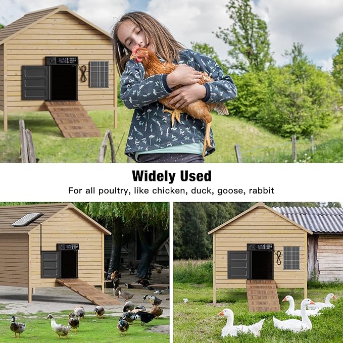Automatic Chicken Coop Door, Large Size Solar Powered Coop Door with Opening in Emergency, Anti-Pinch, Timer & Light Sensor, Aluminum Waterproof Auto Chicken Door, with 7W Solar Panel