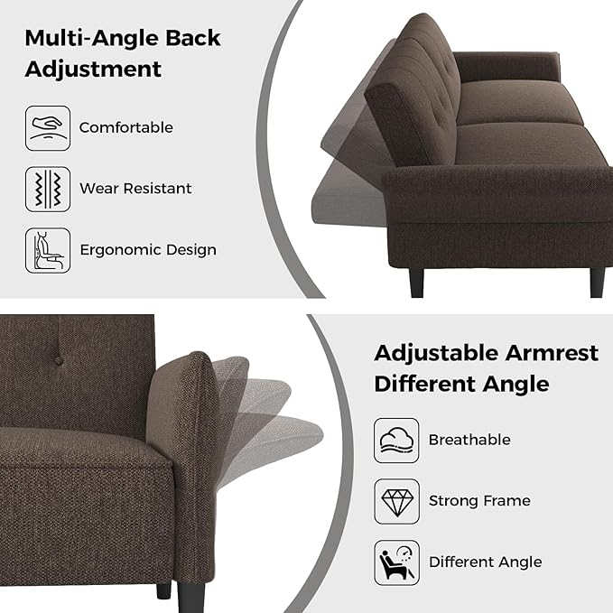 89” Futon Sofa Bed,Comfy Futon Couch Bed with 2 Square Pillows,Convertible Sleeper Sofa with Adjustable Backrest& Armrests, Modern Loveseat Sleeper for Living Room, Bedroom, Linen Brown