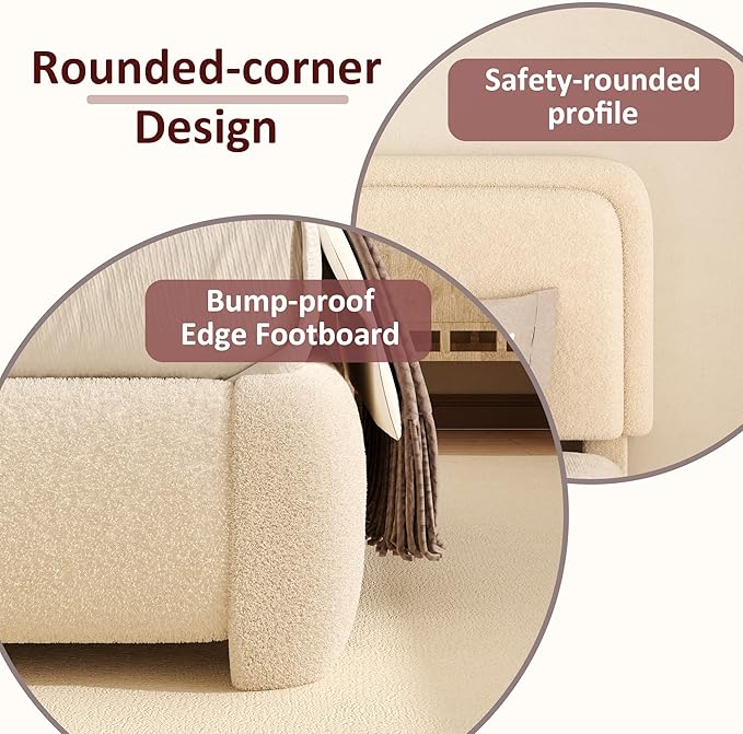 Queen Boucle Platform Bed Frame with Height Adjustable Headboard, Modern Upholstered Cloud Bed, Sleek Curved Design, No Box Spring Needed, Noise Free, Easy Assembly, Beige