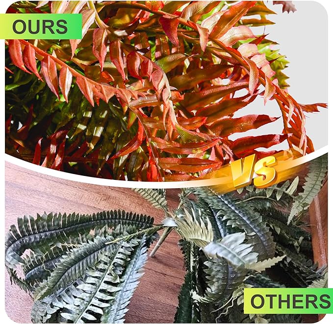 Artificial Fern Plants 10 Pcs Artificial Bush Fern Plants Realistic Fake Stems Plant Fake Shrubs Greenery for Indoor Outdoor Porch Patio Window Farmhouse Garden Office Decor (10 Pcs Red)