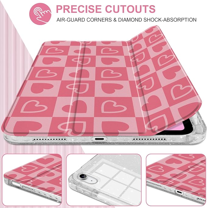 MEEgoodo Case for iPad A16 11th Generation 2025/10th Generation 2022 Glitter Tablet Cases with Transparent Acrylic Back+Trifold Stand +Pencil Holder+Auto Wake/SleepAbstract Sun &amp Palm Tree