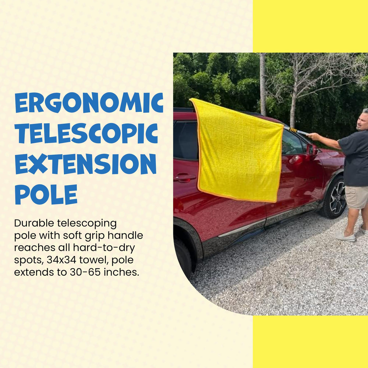 ShamPow 34"x34" Car Drying Towel with Pole, Streak Free, Lint Free, Reusable - Car Accessories, Bath Towels, Microfiber Cleaning Cloth for Car, Truck, SUV - One Pass is All You Need